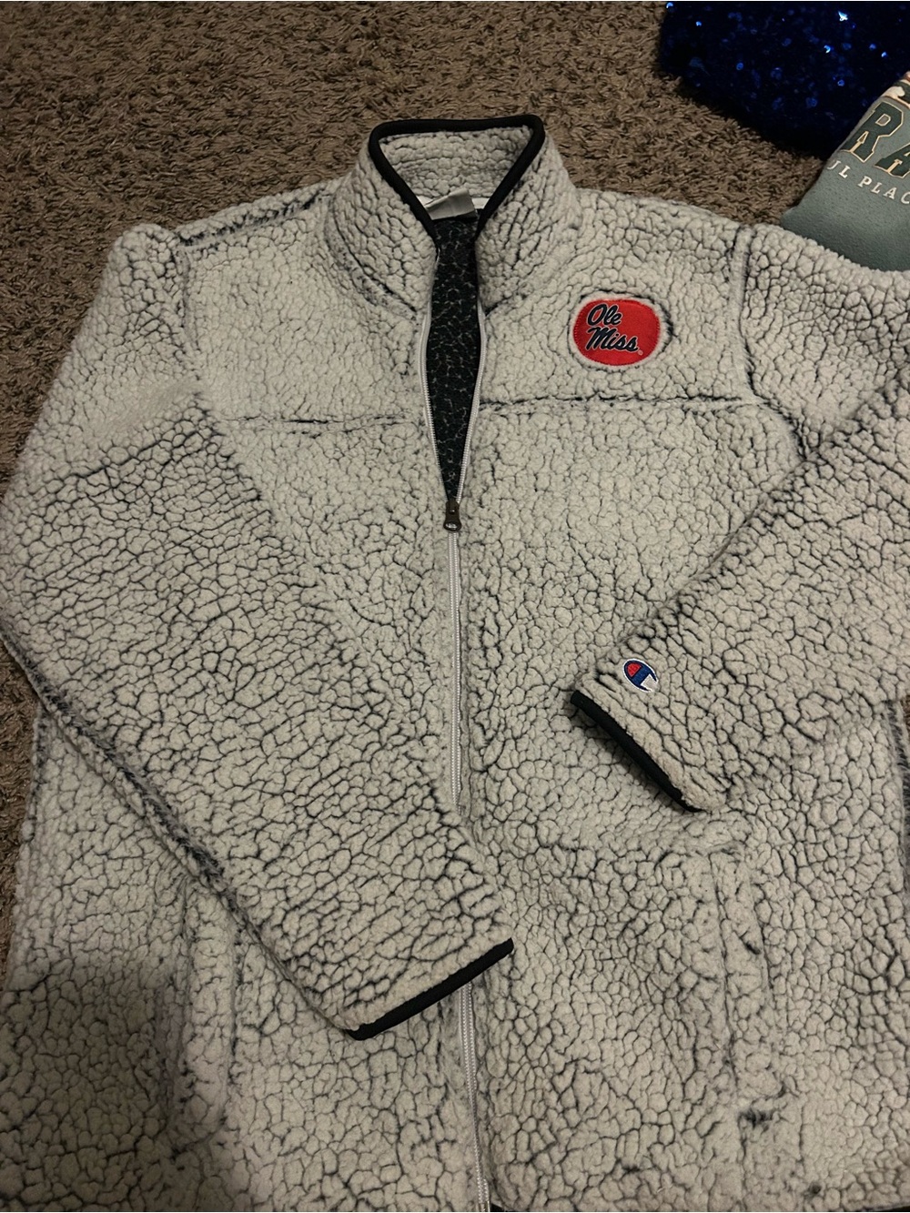 Champion Grey Sherpa Fleece Jacket with Ole Miss Patch